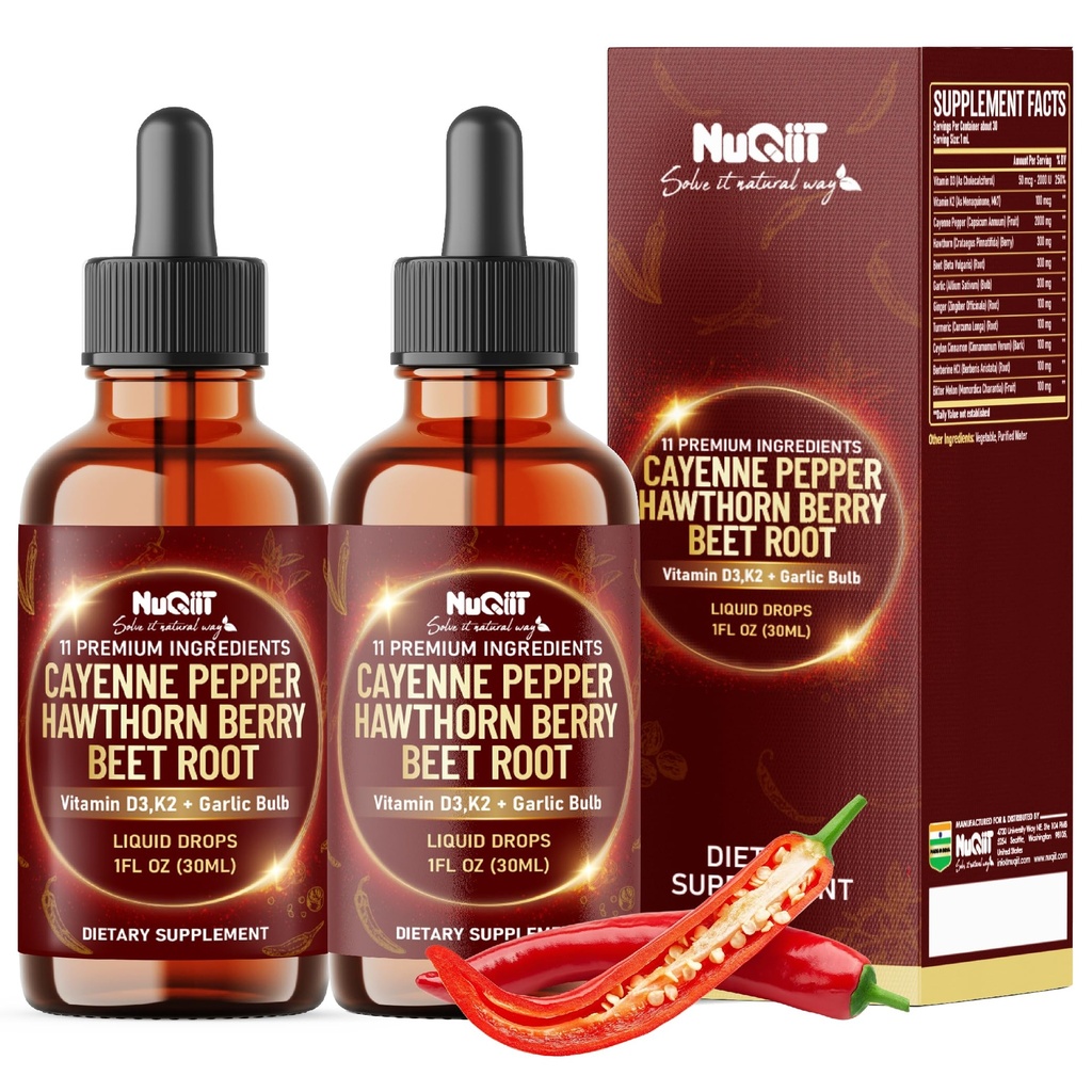 11in1 Cayenne Pepper Liquid Drops with Hawthorn Berry, Beet Root, Turmeric, Ginger and More - Nutrient Absorption - 2 Pack (60ml Total) - 60Days