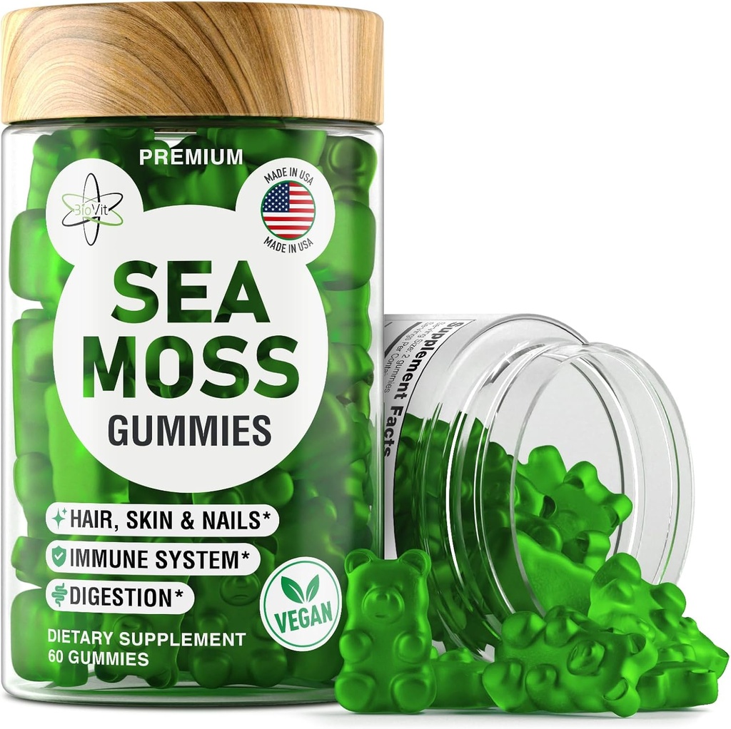 BioVit Sea Moss Gummies - Wildcrafted Irish Sea Moss para Adultos e Crianças - Gel Seamoss com Bladderwrack & Burdock Root Extract - 60 Vegan Gummies