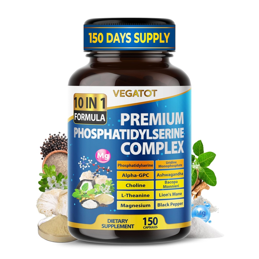 VEGATOT Premium Organic Phosphatidylserine Complex 10-in-1 Formula with Alpha-GPC, Uridine, Choline, Ashwagandha & Lion’s Mane – Supports Memory, Focus & Clarity – 150 Capsules