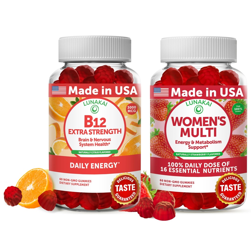 Lunakai Vitamin B12 and Women's Multivitamin Gummies Bundle - 3000mcg Methylcobalamin High Absorption Energy Gummy - 100% Daily Value of 16 Essential Vitamins and Minerals Supplement - 30 Days Supply