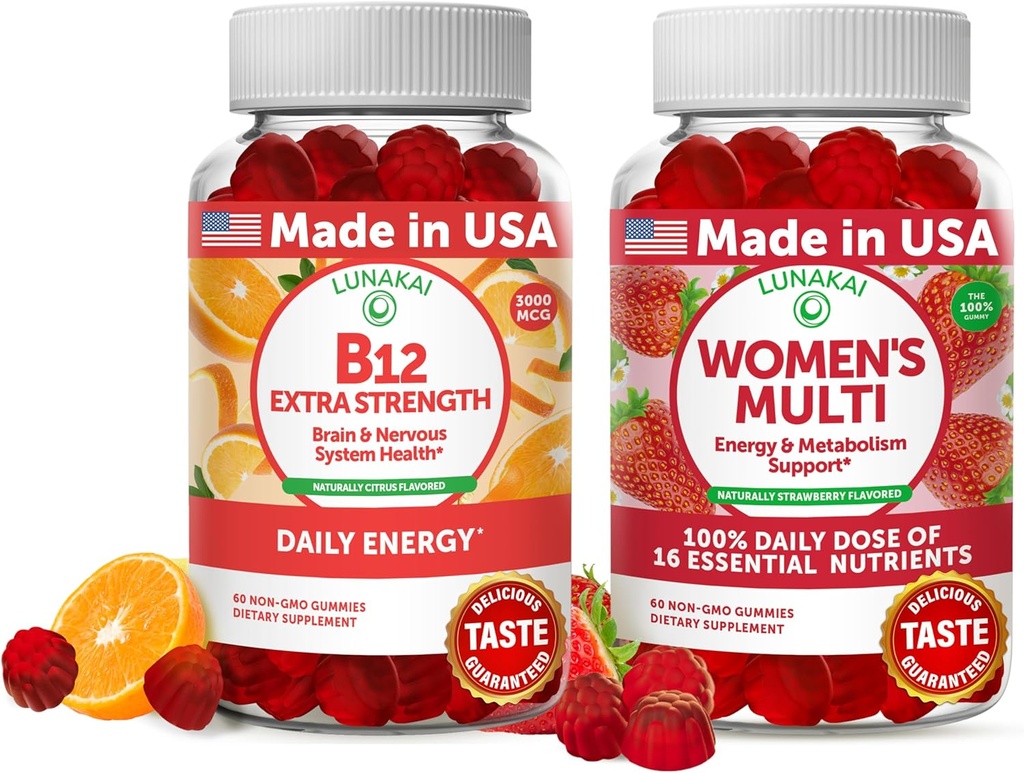 Lunakai Vitamine B12 en vrouwen Multivitamine Gummies Bundle - 3000mcg Methylcobalamine Hoge Absorptie Energie Gummy - 100% Dagelijkse Waarde van 16 Essentiële Vitaminen en Mineralen Supplement - 30 Dagen Levering