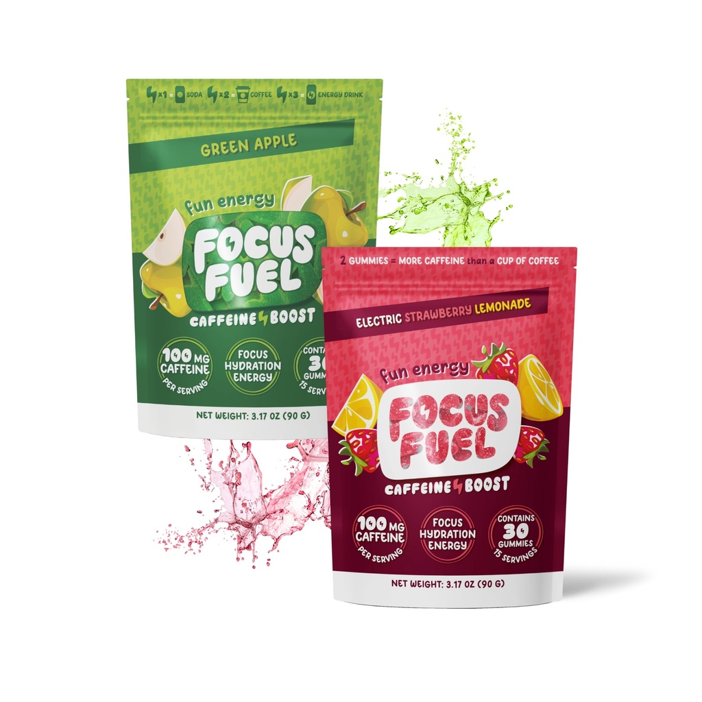 FocusFuel Energy Chews Variety Pack – Strawberry Lemonade & Green Apple (2-Pack, 30 Servings Total) – 100mg Natural Caffeine + Nootropics – Tart, Crisp Focus Formula