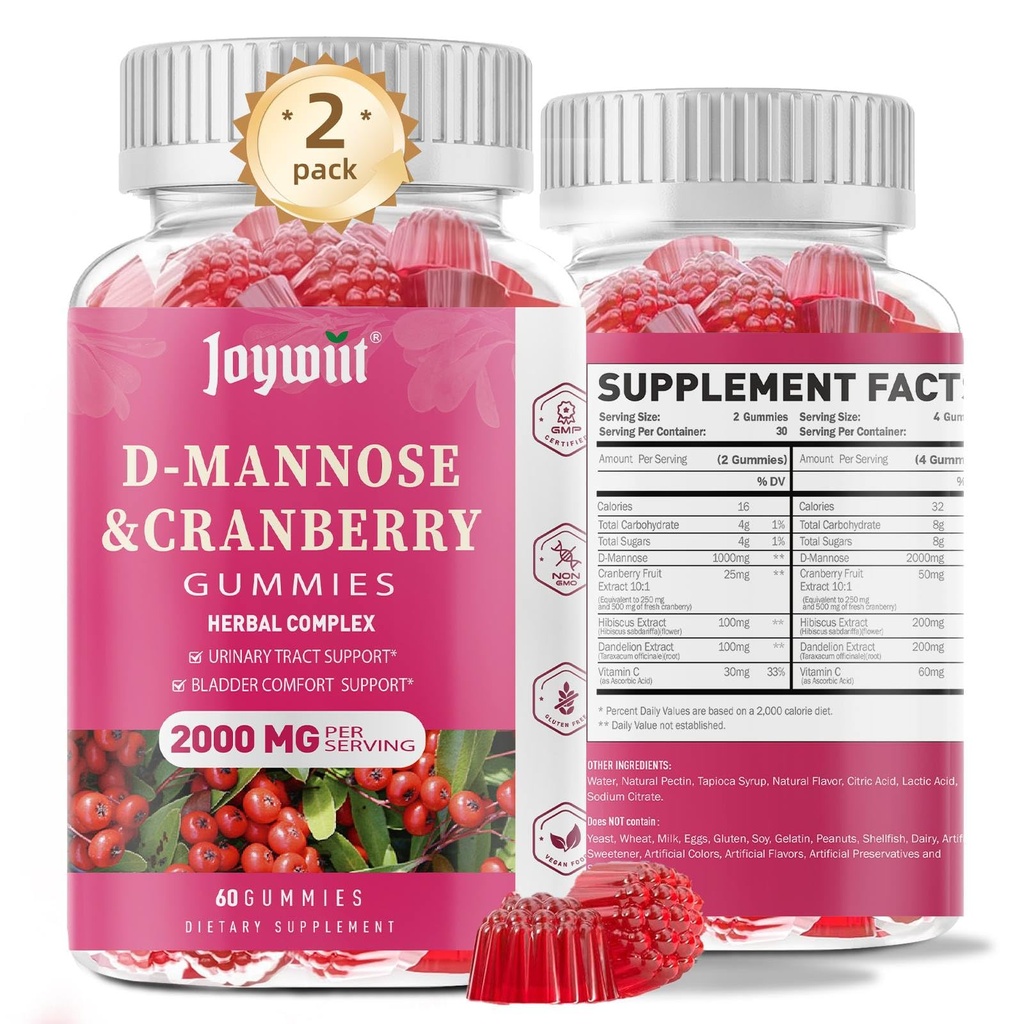 D-Mannose Gummies 2000mg with Cranberry 500mg & Hibiscus - D Mannose Chewable Supplements for Women - Liver, Bladder Flush & Urinary Tract Cleanse Health Supplement - 120 Count