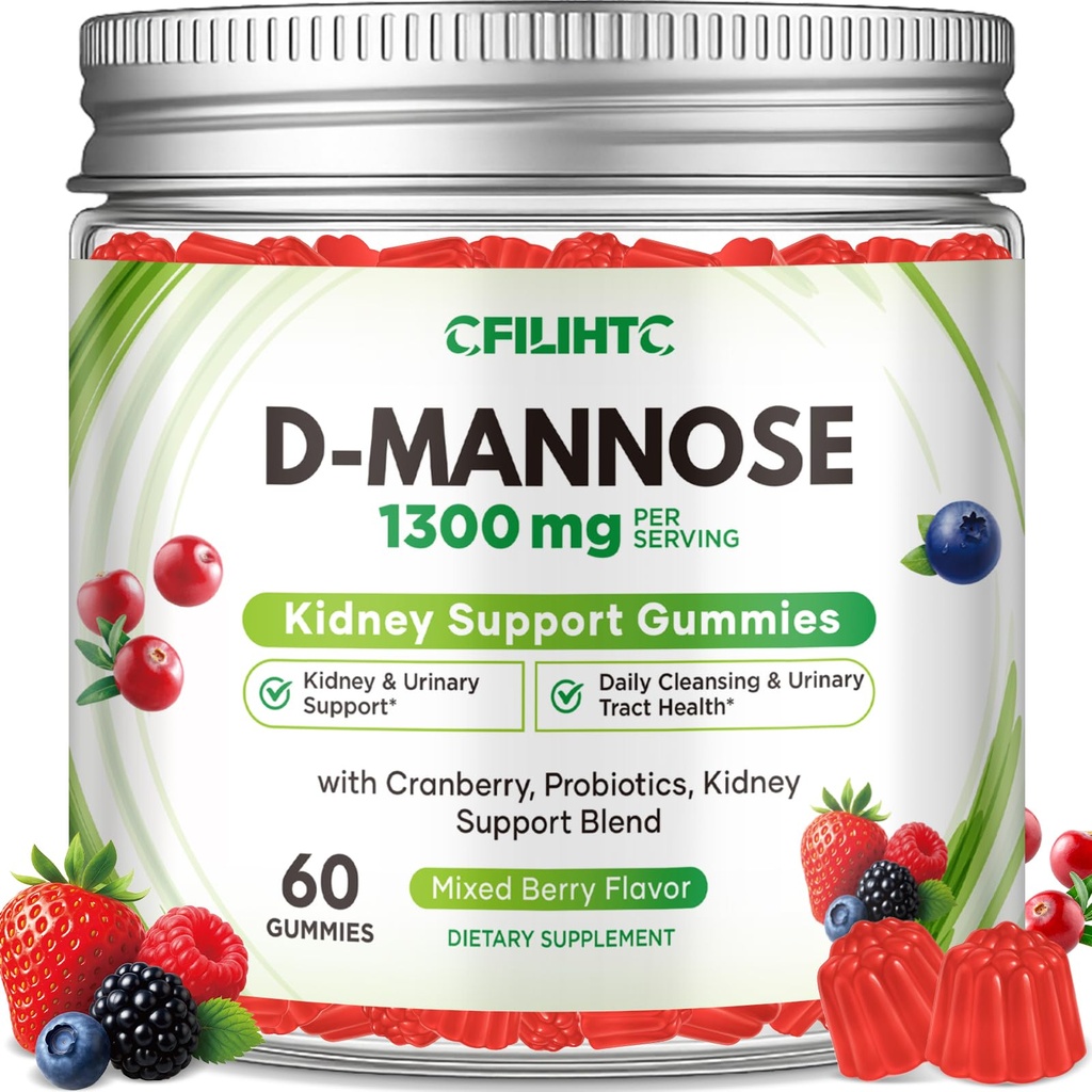 CFILIHTC D-Mannose Cranberry Gummies Supplements for Women, with D Mannose 1,300mg, Cranberry & Probiotics, Urinary Tract Health for Women, Kidney Cleanse, Bladder Flush Health, Sugar-Free 60 Count
