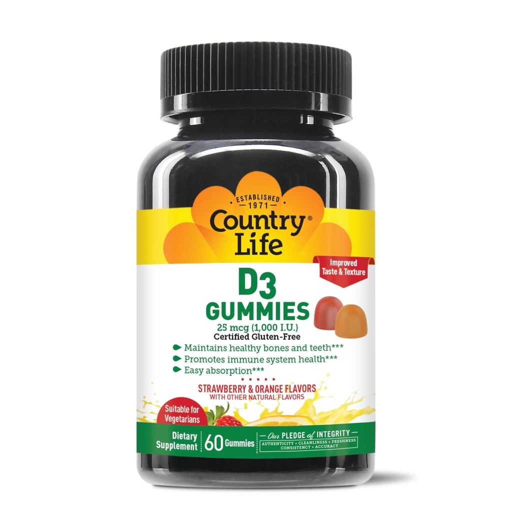 Country Life Vitamin D3 Gummies – 1,000 IU Cholecalciferol, 60 Count – Supports Bone & Immune Health – Vegetarian, Gluten-Free, Strawberry & Orange Flavors – Pectin-Based, No Artificial Sweeteners