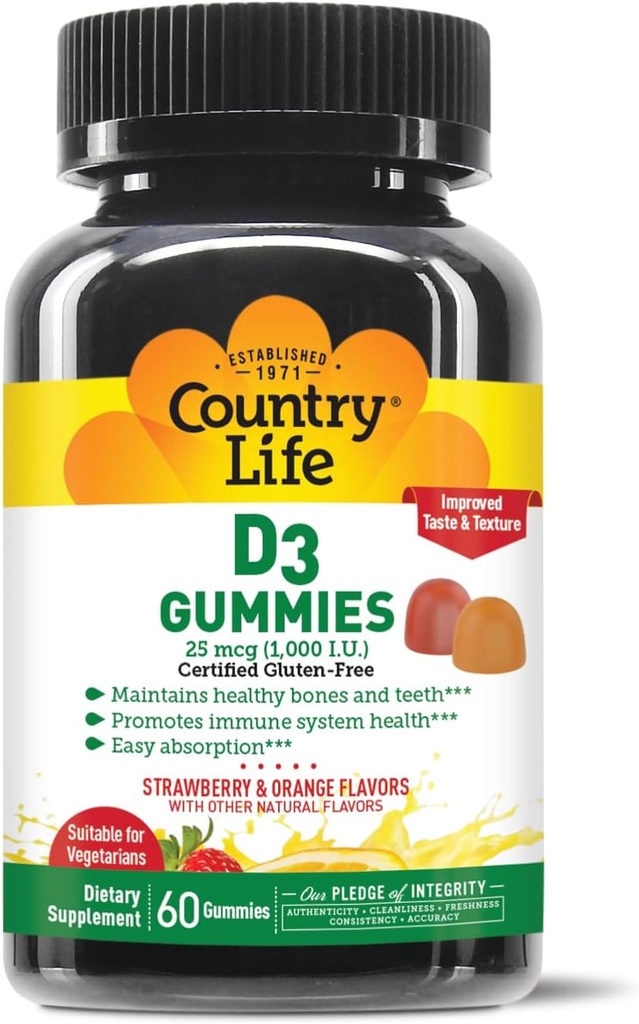 Vita di campagna Vitamina D3 Gummies – 1.000 IU Cholecalciferol, 60 Conte – Supporta la salute di ossa e immuni – vegetariano, senza glutine, fragola e arancio aromi – pectina-basata, nessun dolcificante artificiale