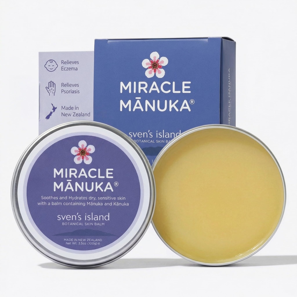Sven's Island Miracle Manuka - Natural Skin Balm (3.5oz) | Steroid-Free Eczema Cream & Miracle Balm | Dermatologist Approved | With Manuka Leaf Oil | For Dry Sensitive Skin | Made in New Zealand