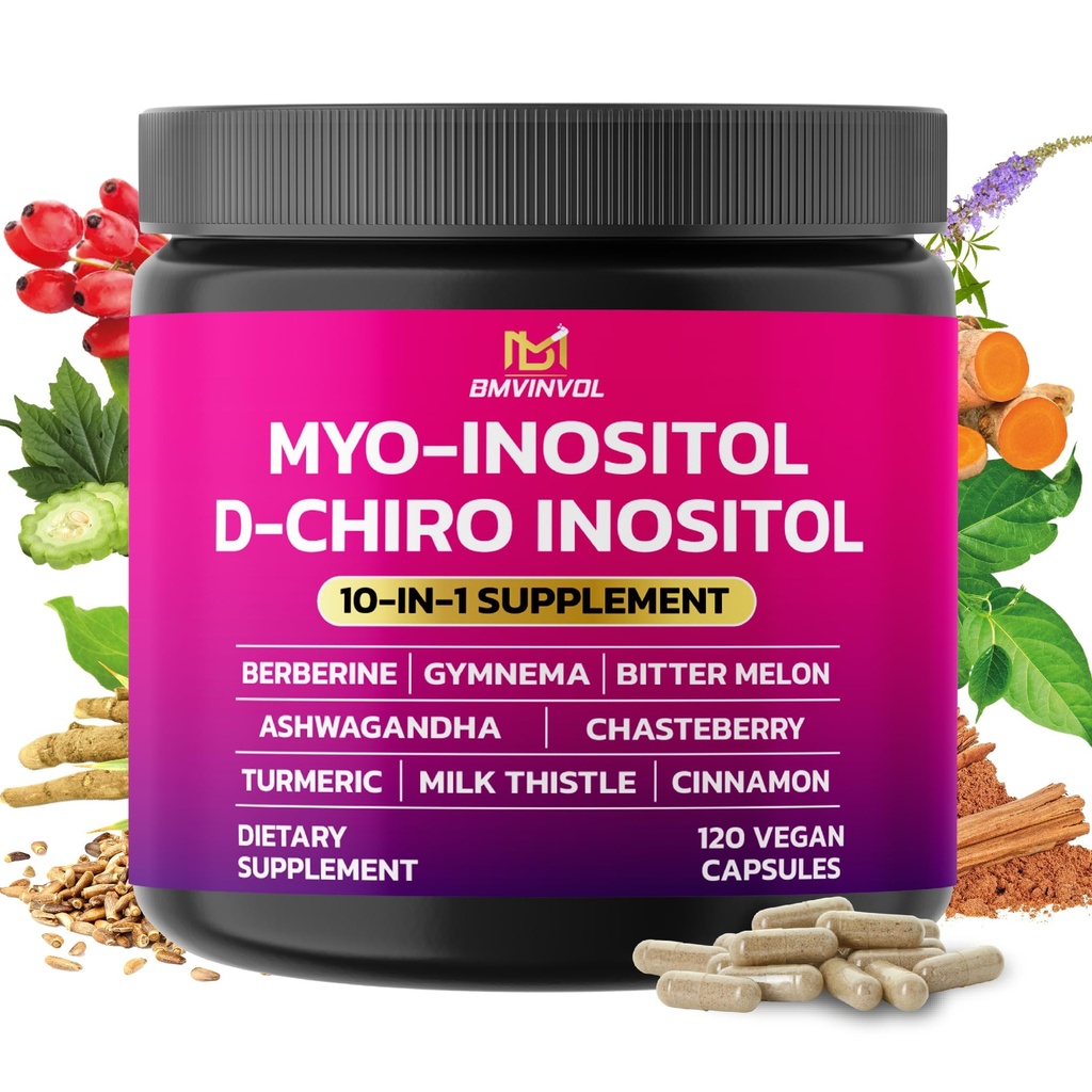 BMVINVOL Inositol Supplement - Myo-Inositol and D-Chiro Inositol Ideal 40:1 Ratio - Plus Berberine, Cinnamon, Ashwagandha + 5 More - 120 Capsules