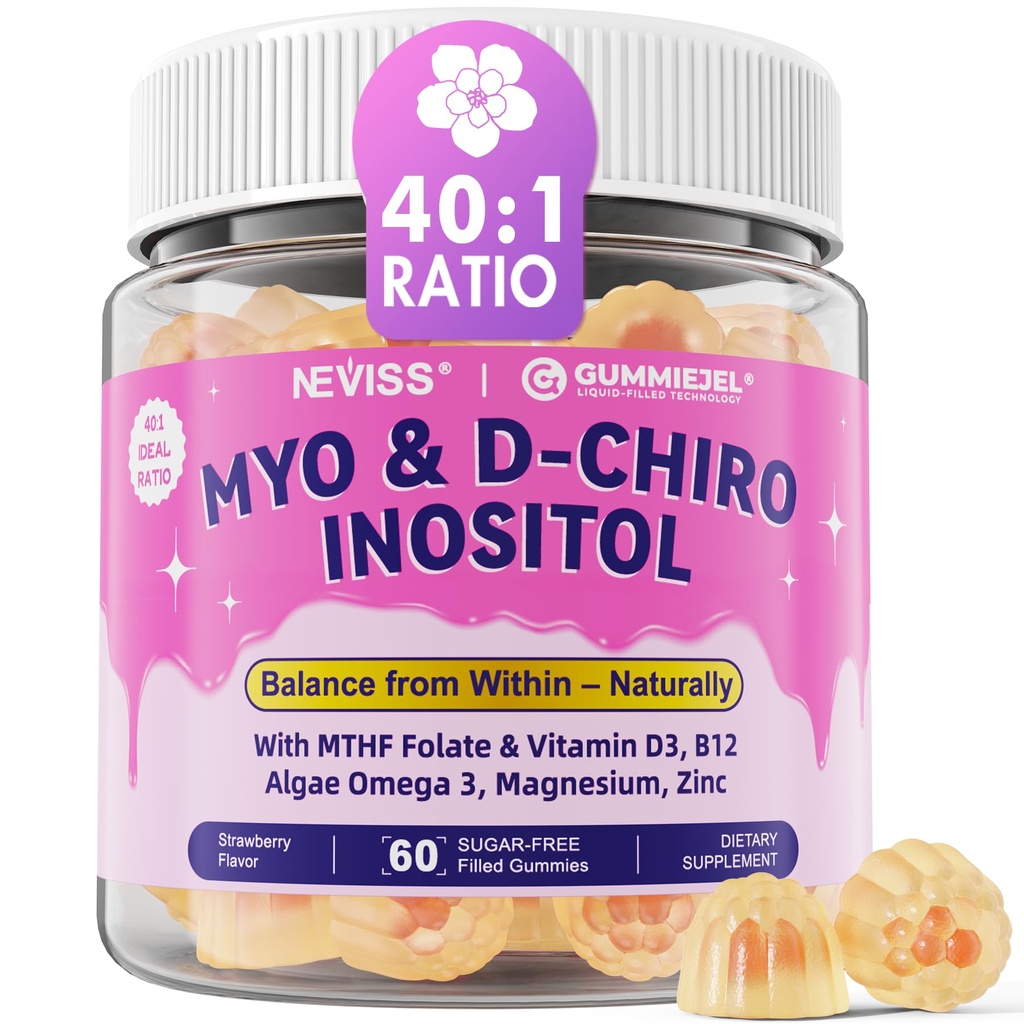 2 Pack Myo-Inositol & D-Chiro Inositol, Hormone Balance for Women | Sugar Free Inositol Gummies w/ Omega 3, MTHF Folate, Vitamin D3, B12, Magnesium & Zinc for Ovarian Health, Ideal 40:1 Ratio, Vegan
