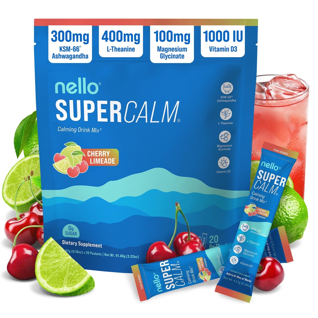Nello Supercalm Powdered Drink Mix, Cortisol Reducer* and Sleep Aid Supplement, L Theanine, Ksm-66 Ashwagandha, Magnesium Glycinate, Vitamin D 3, No Sugar, Non GMO, On The Go, 20 Ct, Cherry Limeade