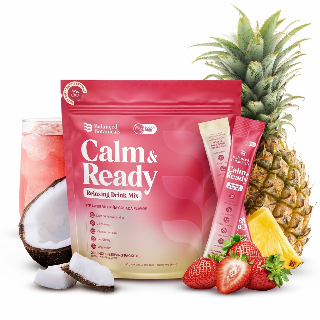 Calm and Ready Powder Drink Mix, with Magnesium Glycinate, Ashwagandha KSM 66, L Theanine, and Tart Cherry, Relaxation Support Supplement, Strawberry Pina Colada, 20 Travel Packets