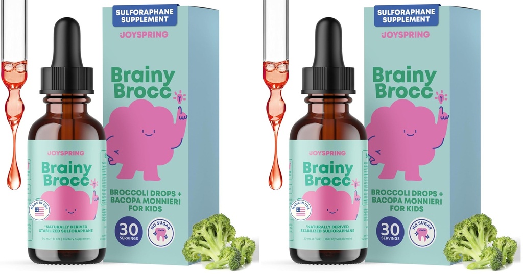 JoySpring Broccoli Supplement for Kids | Sulforaphane & Bacopa Monnieri Drops | Supports Cognitive Function | Vegan & Kid-Friendly (Pack of 2)