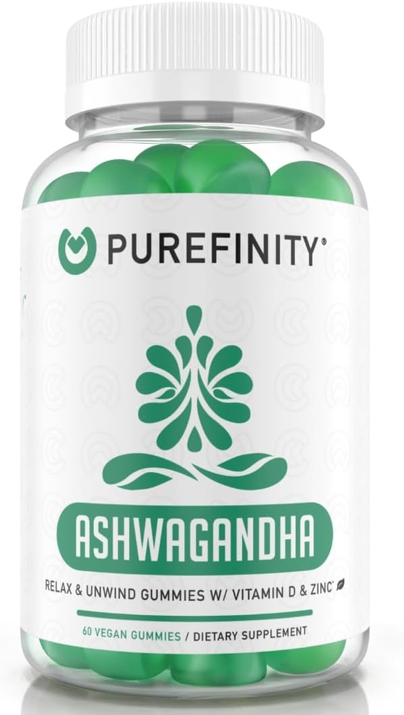 PUREFINITY Ashwagandha Gummies med vitamin D & Zinc - Supplement for avslapning, beroligende og Mood Support - Glutenfri, Ikke-GMO, Vegan, 60 Count