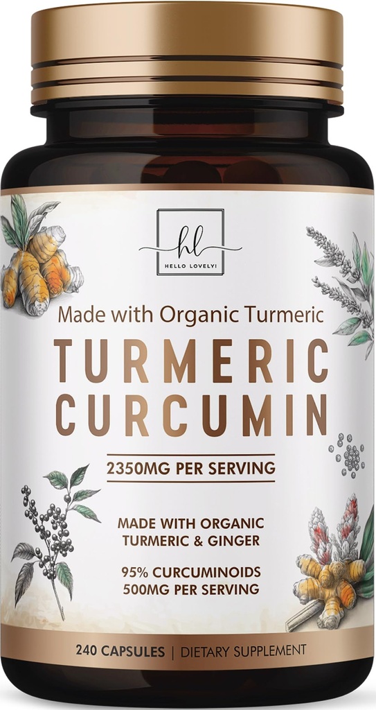 Turmeric Curcumin Supplement with 95% Curcuminoids, Organic Turmeric & Ginger 1750mg, BioPerine Black Pepper for Best Absorption, Nature's Vegan Joint Support, Non-GMO, Bottled in USA - 240 Capsules