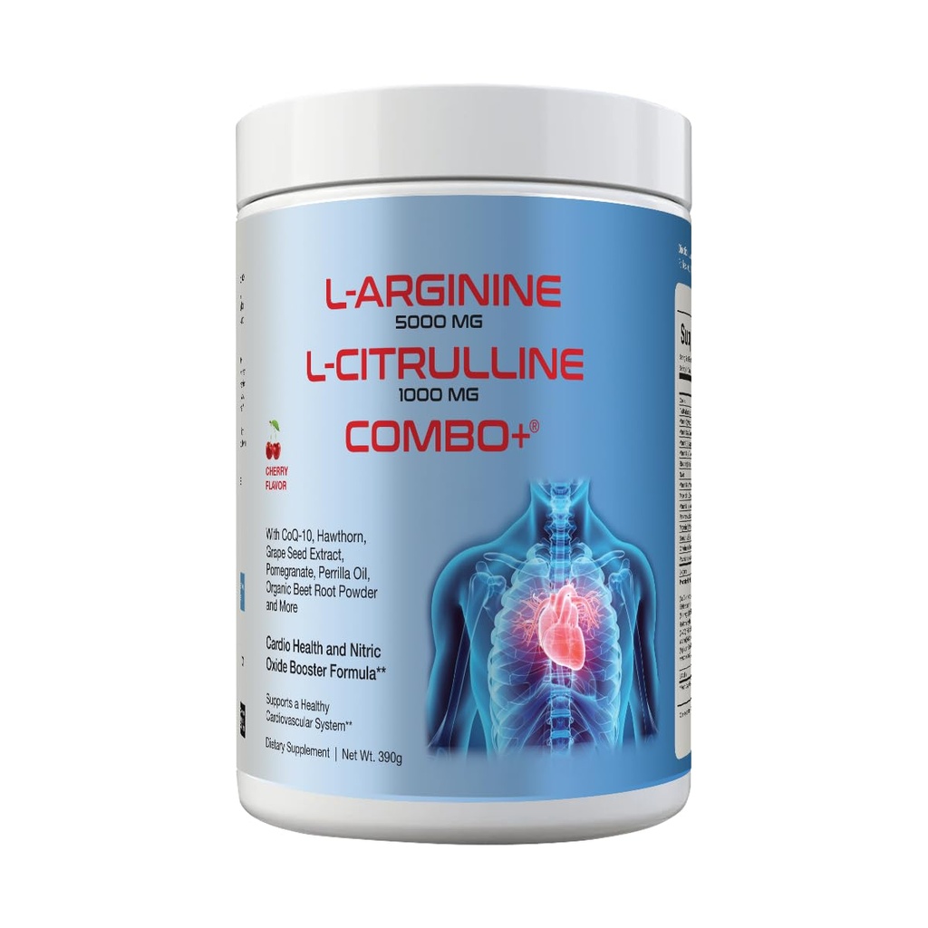L-Arginine 5000mg & L-Citrulline 1000mg Combo+® - Cherry, 30 Servings, 390g Nitric Oxide Booster Drink Mix Powder - CoQ10 & Organic Beet Root - High Potency Heart & Circulation Support USA