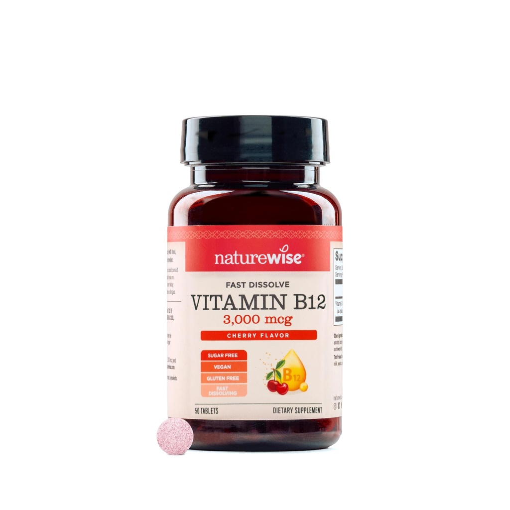 NatureWise Vitamin B12 3000 mcg Sublingual Tablets - Fast Dissolve B12 for Energy & Metabolism Support - Cherry Flavor - Vegan, Non-GMO, Gluten Free, USA Manufactured - [50 Tablets - 50-Day Supply]