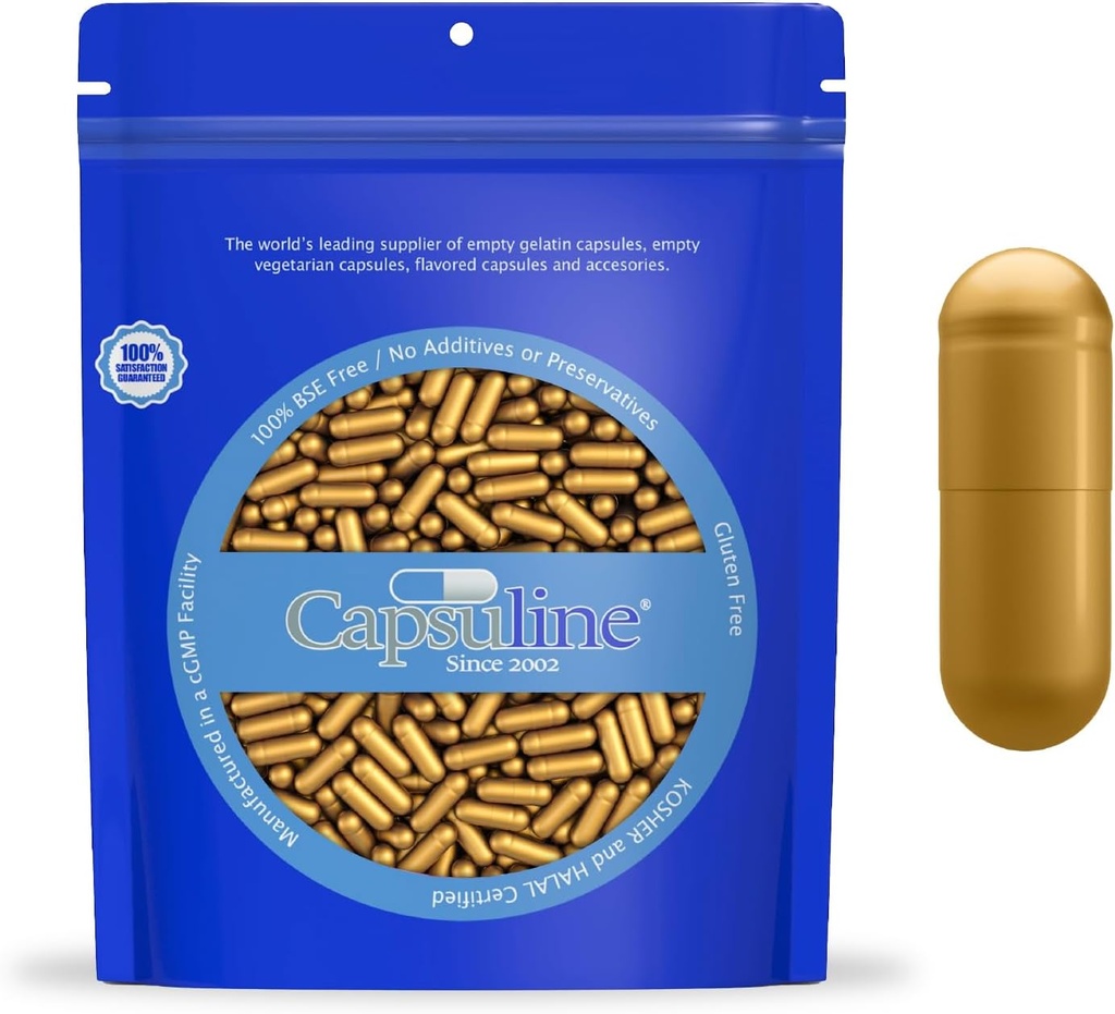 Capsuline Розмір 0 - Кольорові золото Empty Gelatin Capsules - 1000 граф - Empty Gel Pill Capsules - DIY Pure Bovine Pill Capsule Filling - Empty Capsher і Halal Certified
