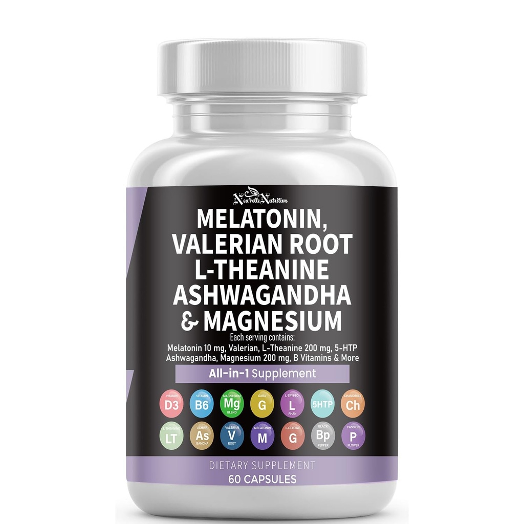 Melatonin Capsules with Valerian Root, Ashwagandha, L-Theanine, Magnesium, 5-HTP, GABA, Chamomile, Lemon Balm, Passion Flower, Griffonia Extract, Vitamin C & L-Glycine Supplement