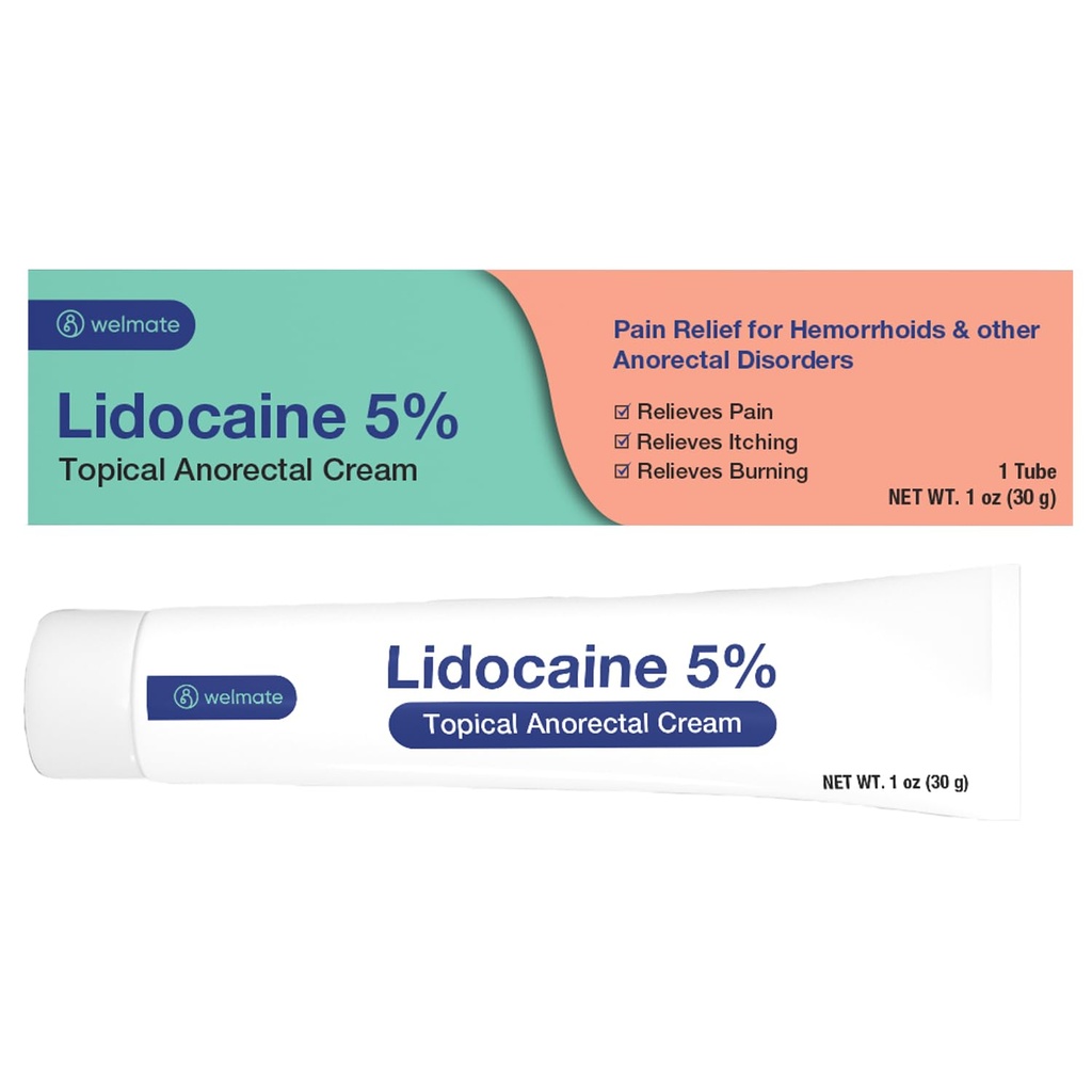 WELMATE 5% Lidocaine Cream for Hemorrhoids – Maximum Strength Numbing Cream, Fast-Acting Anorectal Relief, Non-Greasy, Unscented, Child Resistant Cap, 1 oz (30g)