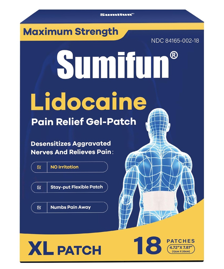 Sumifun 4% Lidocaine XL Pain Patches | Extra Large 4.72"x7.87" for Full Back & Thigh Coverage | Maximum Strength OTC Numbing | 8-Hour Medical Adhesion (X-Large, Count, 18)