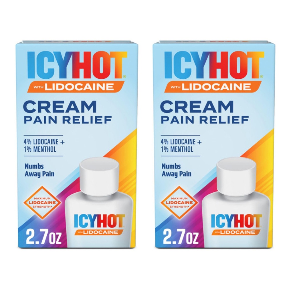 Icy Hot Lidocaine Pain Relief Cream, Numb Aggravated Nerves with Max Strength Lidocaine 4% and Menthol 1%, Fast-Acting Pain Relief for Minor Pain, Backaches, Sprains and Strains, 2.7 oz, 2 Pack