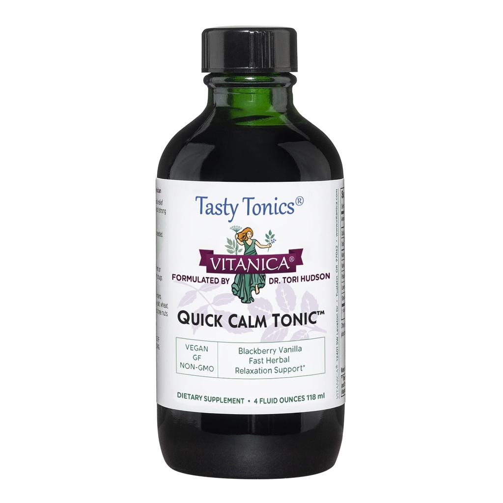 Vitanica Quick Calm Tonic - Support a Sense of Calm - Rapid Stress Relief Supplement with Kava Root, Valerian Root, Passion Flower - Alcohol-Free - BlackBerry Vanilla Flavor - Vegan - 4 fl oz