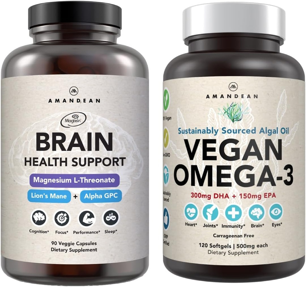 AMANDEAN Brain & Vegan Omega-3 Bundle: Magnezu Threonian, Many Lwa USA- GPC & Algae DHA / EPA USA- Grown Lion 's Mane 6: 1, Alpha- GPC & Algae DHA / EPA. Alternatywa dla oleju rybnego.