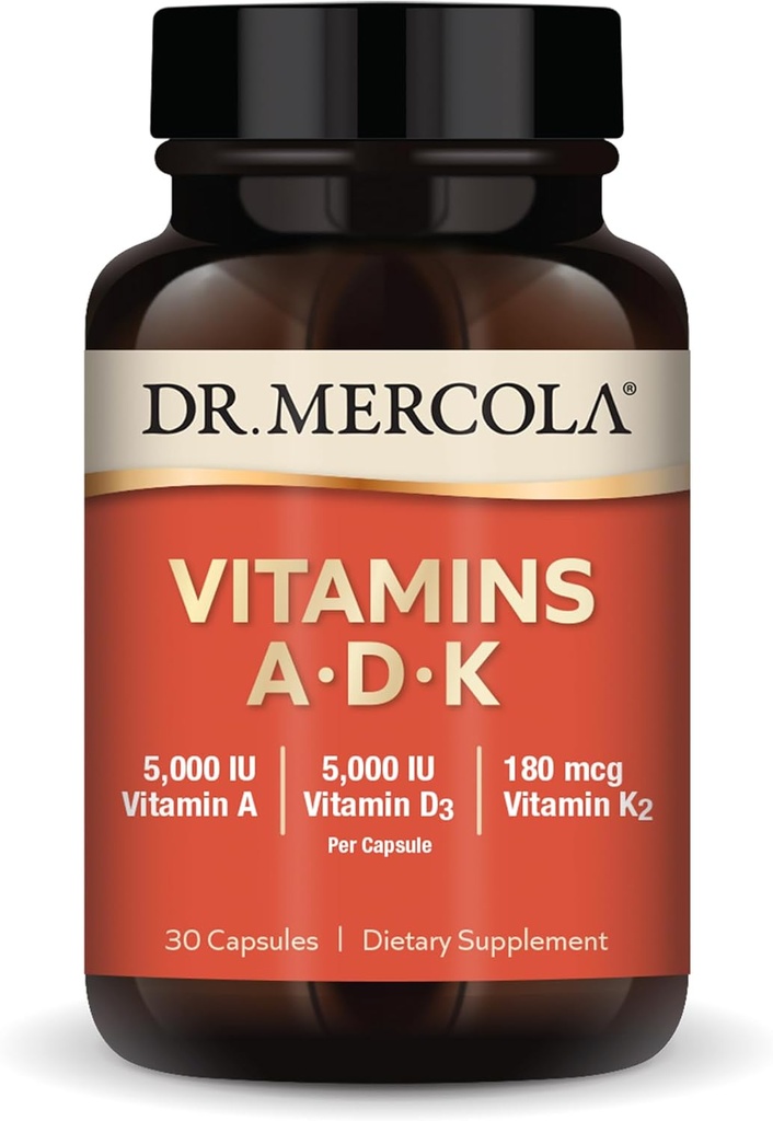 Dr Mercola vitamiinid ADK, 30 serveerimist (30 kapslit), toidulisandit, 5000 IU A-vitamiini ja D-vitamiini, 180 mcg K2-vitamiini, toetab immuunsüsteemi tervist, mitte GMO-d