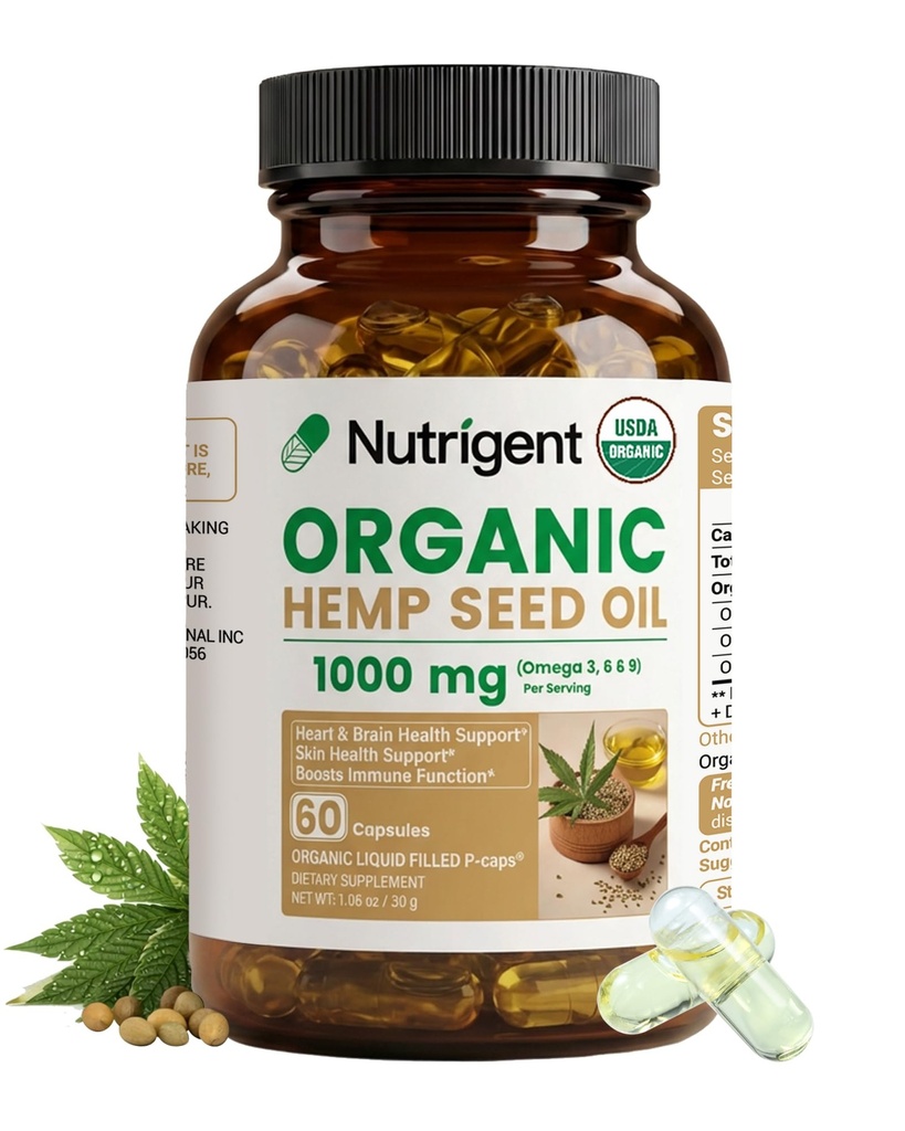 USDA Organic Hemp Seed Oil 1000 mg, Cold Pressed & 100% Pure, Plant-Based Omega 3-6-9 for Heart, Joint, Relaxation & Emotional Wellness, 60 Capsules