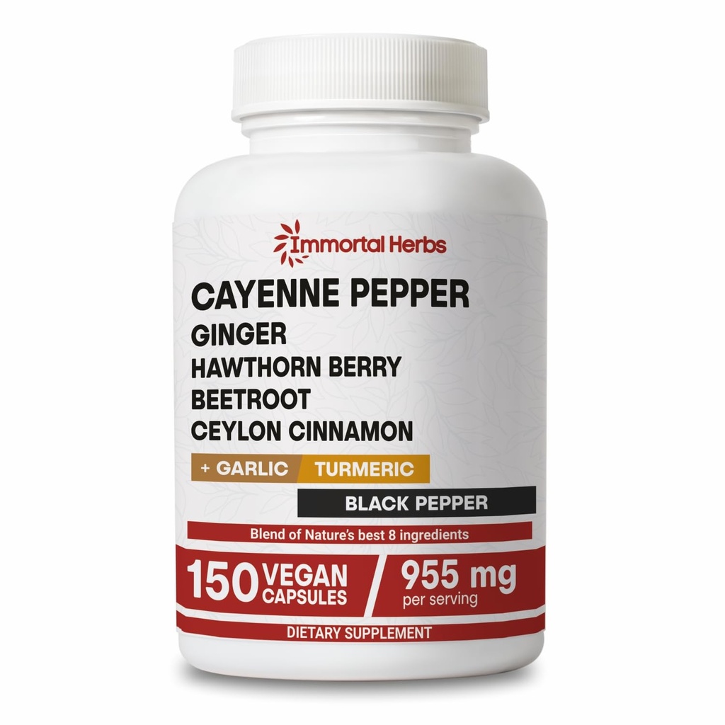 Cayenne Pepper Capsules w/Garlic, Ginger, Hawthorn, Turmeric, Cinnamon, Beet Root and Black Pepper Extract, 150 Cayenne Capsules, Non-GMO & Gluten Free Capsaicin Supplement
