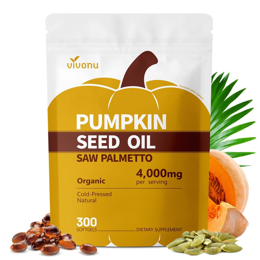 VivoNu Pumpkin Seed Oil with Saw Palmetto Capsules, 4000mg 300 Softgels | Organic, Cold Pressed | DHT Blocker | Supports Hair, Urinary, Bladder & Prostate Health | Non-GMO