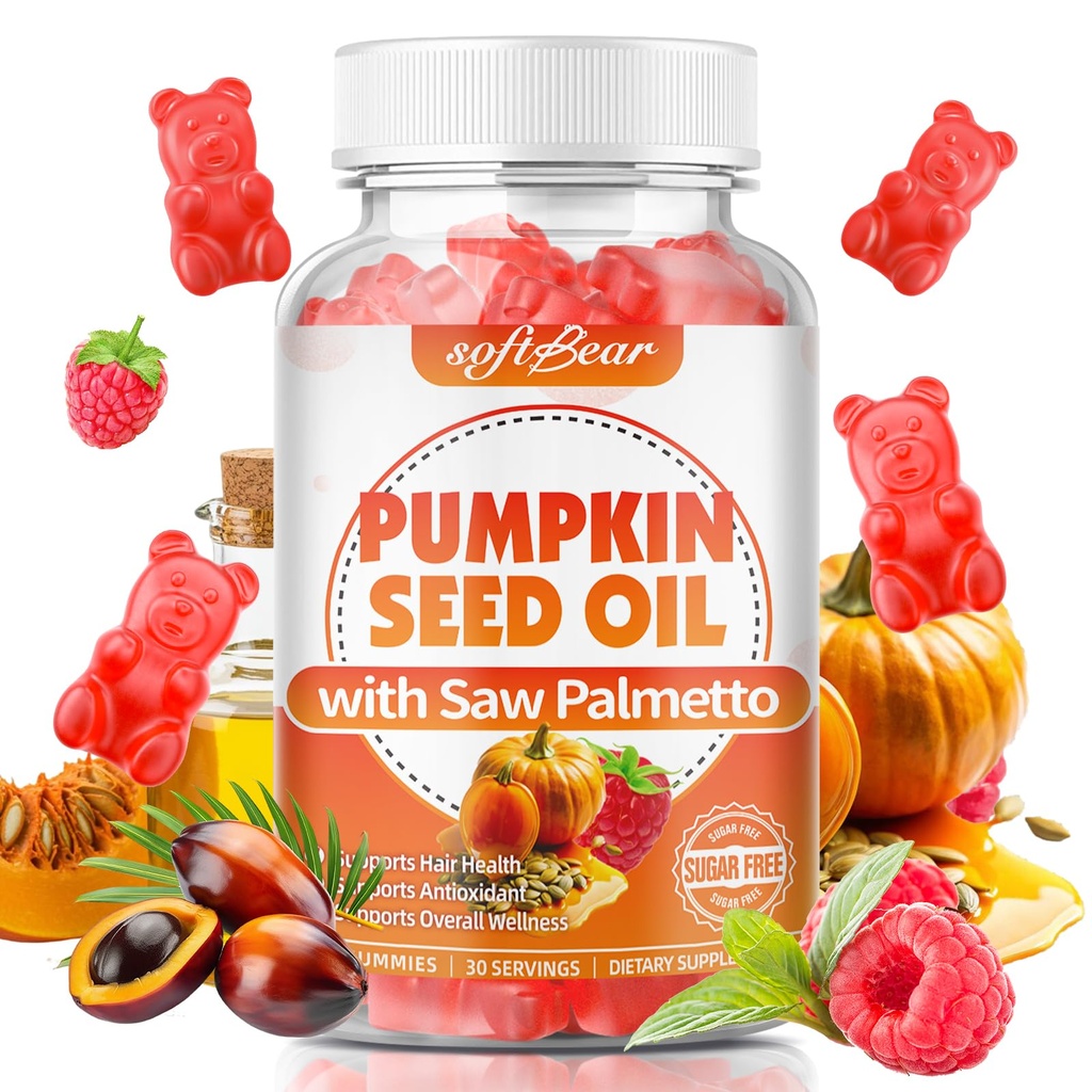 softbear Pumpkin Seed Oil with Saw Palmetto Gummies, Saw Palmetto and Pumpkin Seed Oil Supplement for Hair Growth & Antioxidant Support, Sugar-Free/Orgainc/Vegan, Raspberry Flavor 60 Count