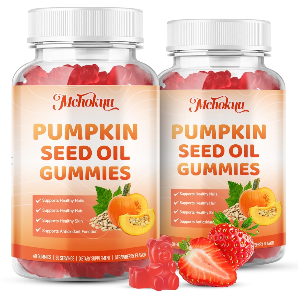 Pumpkin Seed Oil Supplement Gummies with Saw Palmetto for Hair Growth & Skin Health Support, High Pure Extract for Women & Men Extra Strength Pumpkin Seed, Strawberry Flavor, 120 Count