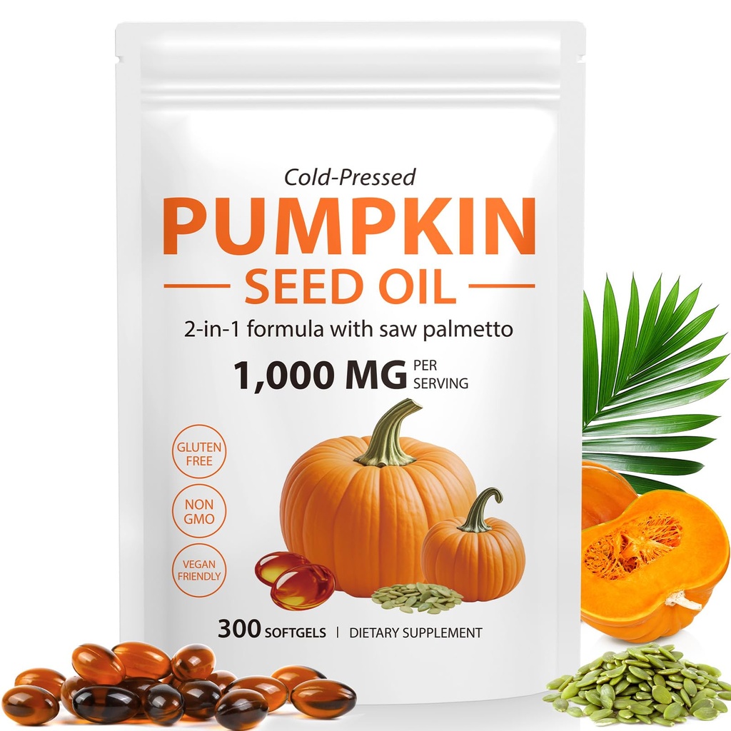 Pumpkin Seed Oil with Saw Palmetto Capsules,Pumpkin&Seed Oil 2 in 1 for Hair Growth,Cold Pressed,Supports Hair,Heart,Skin Supplement,Pumpkins Seed Extract Powder,PumpkinSeed Herbal Supplement 300 pcs