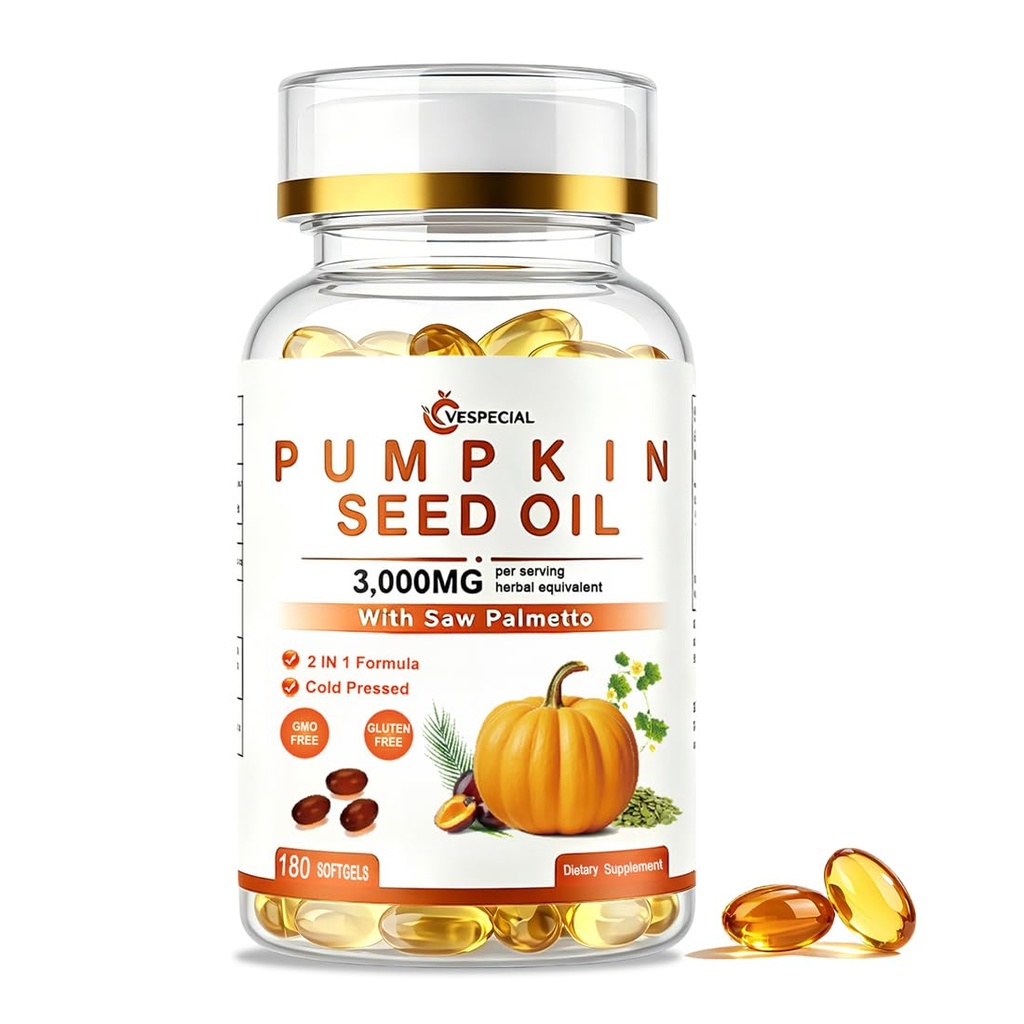 Pumpkin Seed Oil with Saw Palmetto, 180 Softgels | Pure Virgin Oil, Cold-Pressed with Essential Fatty Acids & Phytosterols | Supports Hair, Urinary, Bladder & Prostate Health | Non-GMO