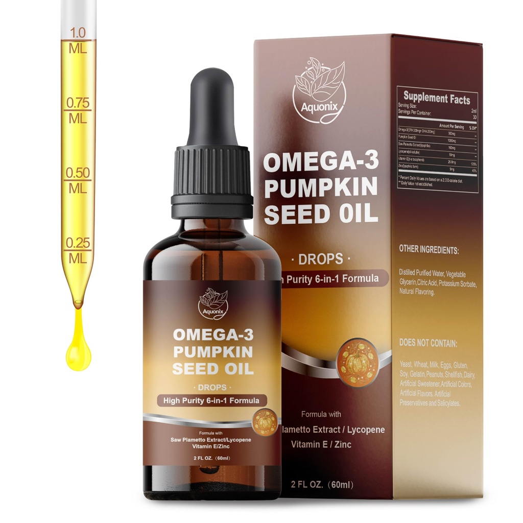 Omega-3 & Pumpkin Seed Oil Liquid Drops for Men, Pumpkin Seed Oil with Saw Palmetto, Liquid Supplement for Prostate*, Heart* & Brain* Health*, Alcohol-Free, 2 fl oz