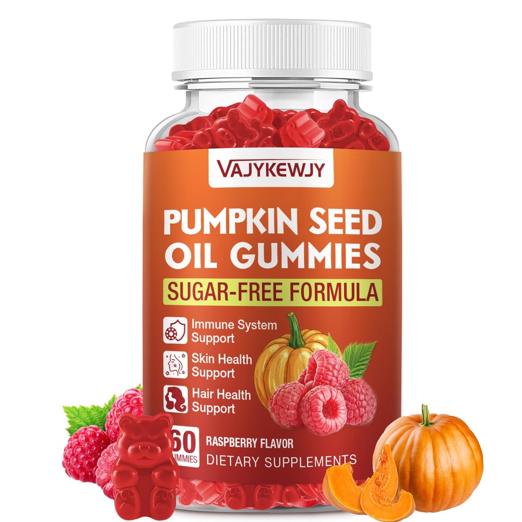 Pumpkin Seed Oil & Saw Palmetto Gummies - Hair Growth & Skin Health Supplement with High-Purity Extract for Women & Men, Vegan, Raspberry Flavor, 60 Gummies