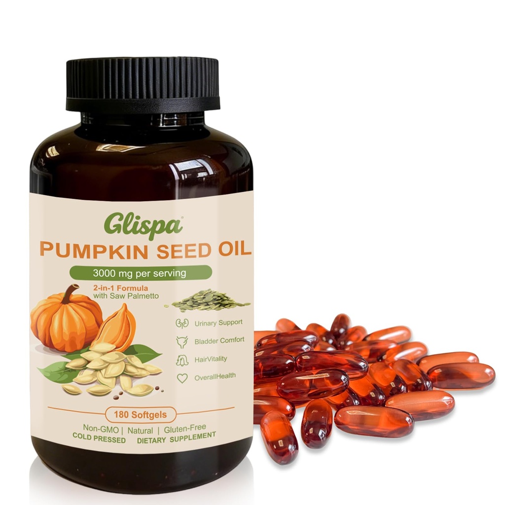 Pumpkin Seed Oil Softgels, 3000 MG High Potency & Purity, Cold-Pressed, 2-in-1 Formula with Saw Palmetto, 180 Count for Long-Term Daily Use (2)