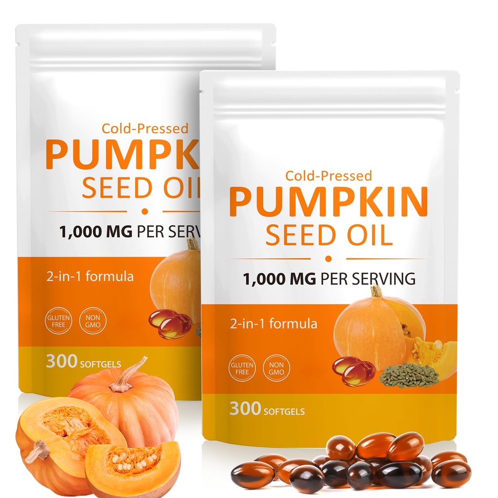 2 Pack Pumpkin Seed Oil, Cold Pressed, Supports Hair, Urinary, 1000mg Per Serving, 600 Softgels