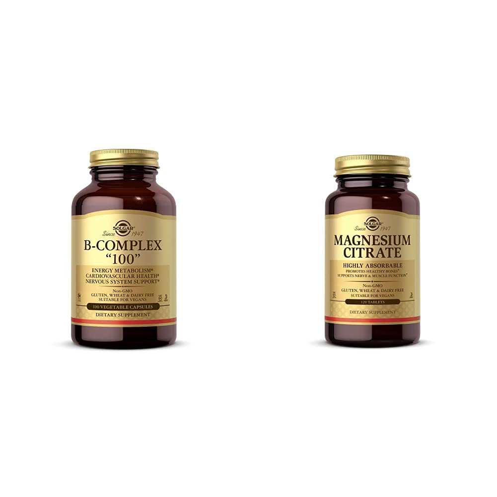 Solgar B-Complex 100", 100 Vegetable Capsules - Heart Health - Nervous System Support - Supports En with Magnesium Citrate, 120 Tablets - Promotes Healthy Bones - Supports Nerve & Muscle Function -