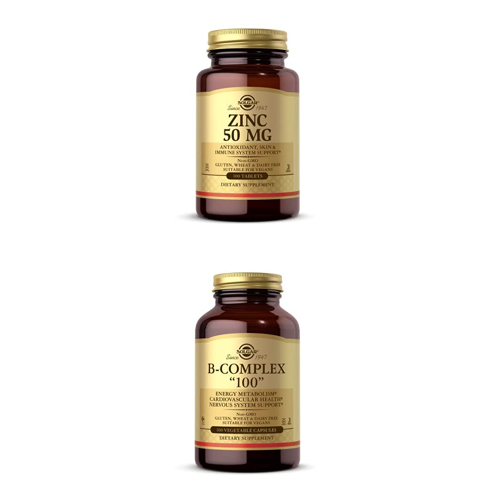 Solgar Zinc 50 mg, 100 Tablets - Zinc for Healthy Skin, Taste & Vision +Solgar B-Complex 100", 100 Vegetable Capsules - Heart Health