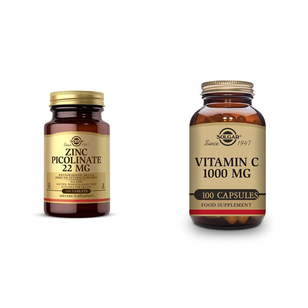 Solgar Vitamin C 1000 mg, 100 Vegetable Capsules - Antioxidant & Immune Support - Overall Health Zinc Picolinate 22 mg, 100 Tablets - Promotes Healthy Skin