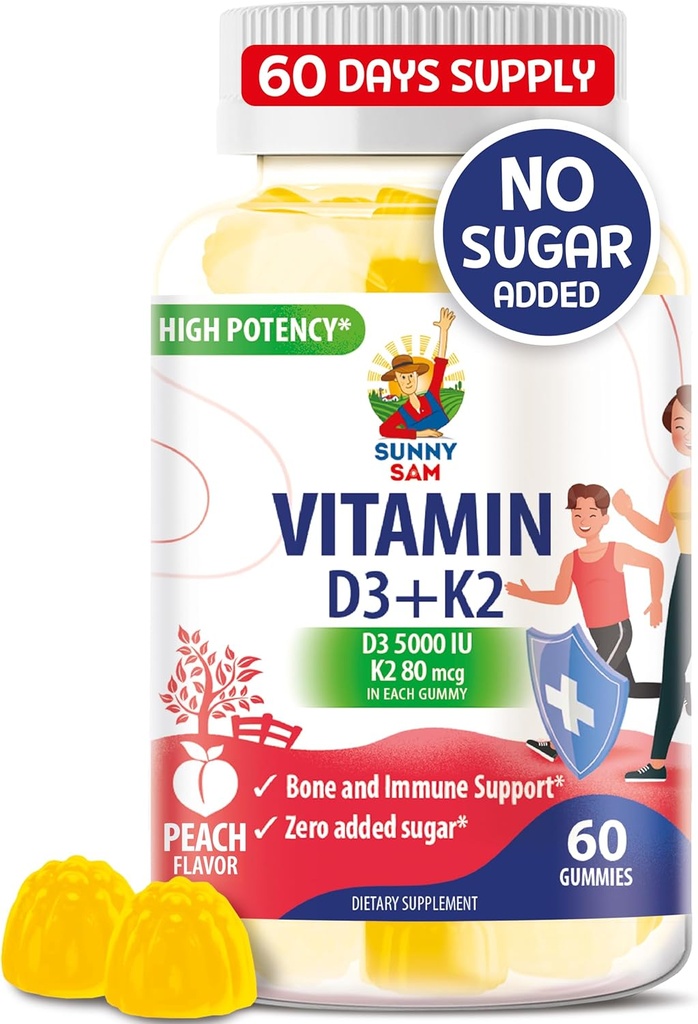 Sockerfri vitamin D3 K2 Gummies 5000 IE - Immune & Bone Support Gummies - Vitamin D Gummy Supplement för vuxna - High-Absorption, Vegan, Halal, Gluten-Free Chewable Vitamins