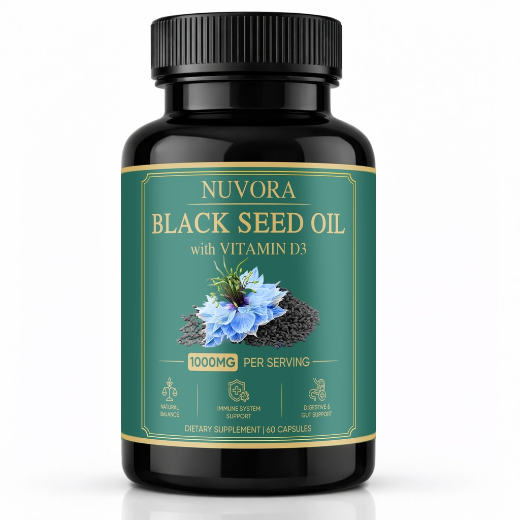 Nuvora Black Seed Oil Capsules, with 5% Thymoquinone, Turmeric & Black Pepper Extract, Purely Nutrient Organic Cold Pressed Black Cumin Seed Oil Softgels, Non-GMO, Gluten-Free, 90 Softgels (1)