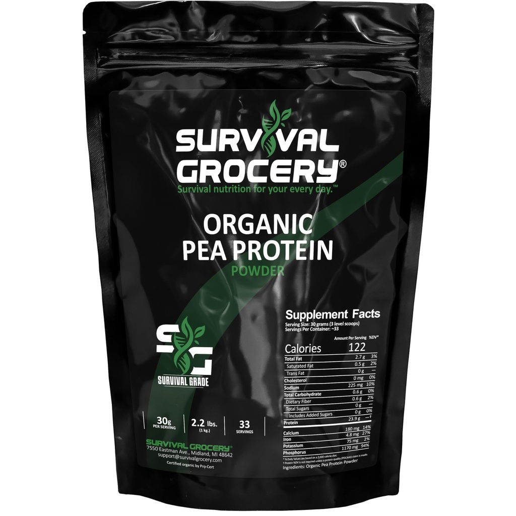 Survival Grocery® Organic Pea Protein - Organic, Non-GMO, North American Grown & Produced, Gluten Free, Vegan, Survival Grade Protective Bulk Bags with Long Shelf Life (2.2 lbs./1 Bag)