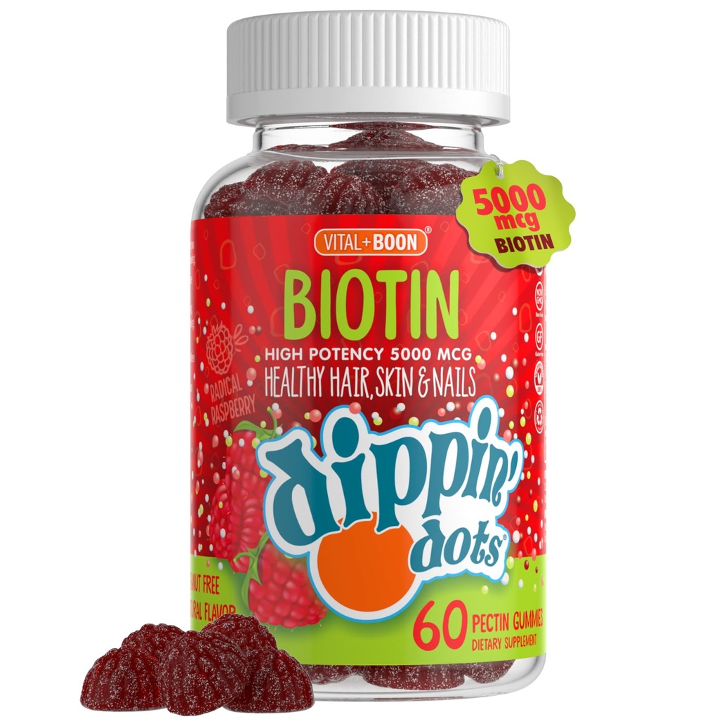 Dippin' Dots - High Potency Biotin Gummies - Hair Skin & Nails Gummies 5000mcg per Serving (60 Day Supply) Raspberry Biotin 5000mcg Gluten Free Non GMO Biotin Supplement for Women, Men & Kids-2pack