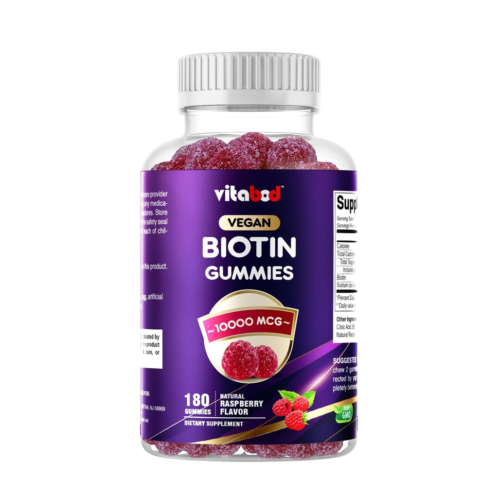 Vitabod Biotin Gummies 10,000 mcg – 180 Vegan Gummies Hair, Skin & Nails Support for Women, Men & Kids – Non-GMO, Gluten-Free, Delicious Flavor