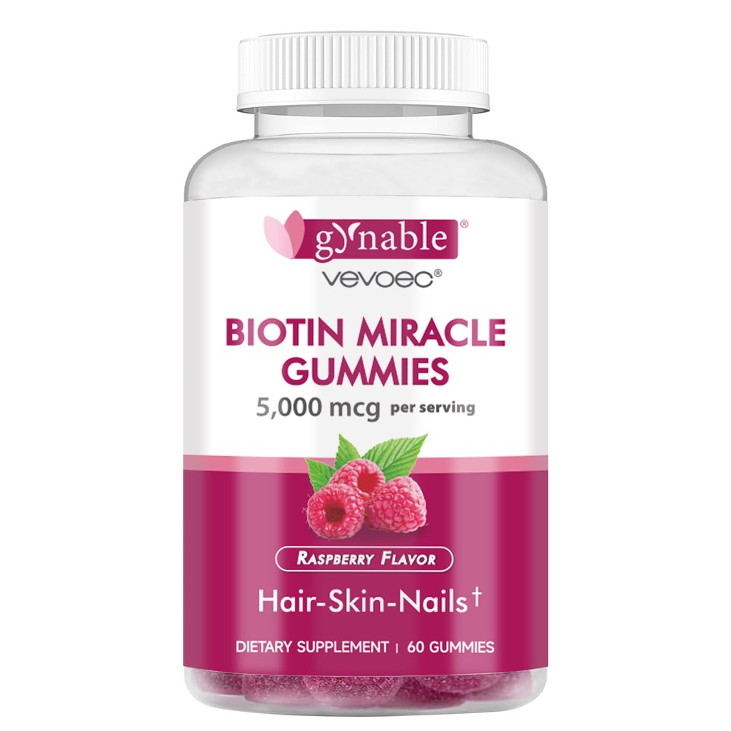 Gynable Biotin Gummies Vitamin B7, 5000 mcg, Hair Skin and Nails Supplement, 60 Count, 2 Month Supply