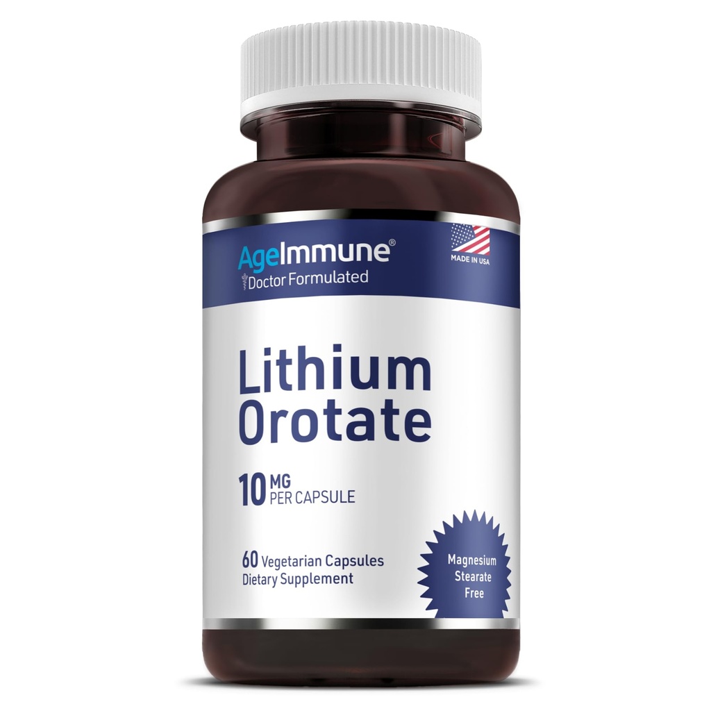 Lithium Orotate 10mg per Capsule - 60 Vegetarian Capsules. Memory and Emotional Wellness Support - Magnesium Stearate Free - 2 Months Supply of Lithium Supplement.