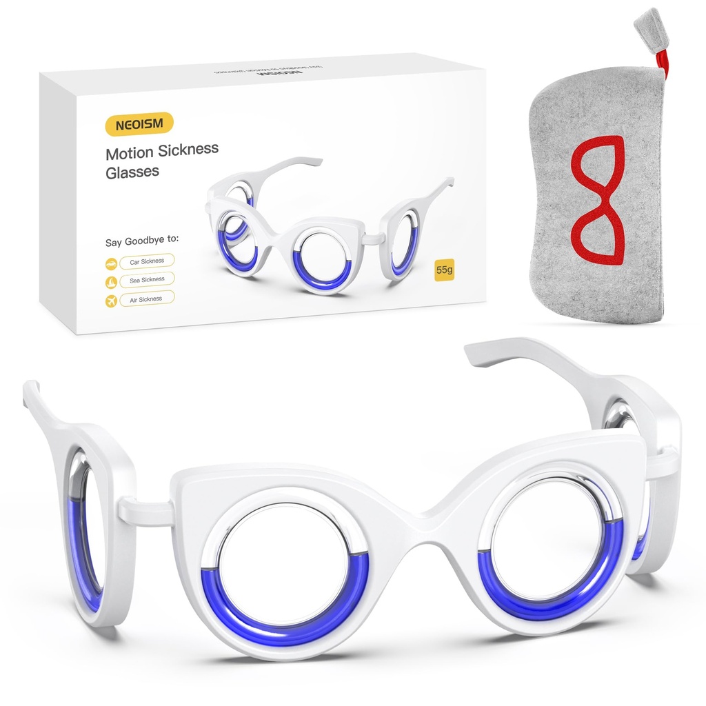 NEOISM Anti Motion Sickness Glasses, Car Sickness Glasses Relief Nausea & Dizziness, Portable Lensless Design for Car Sickness, Air Sickness, Sea Sickness, Road Trip Essentials, Red Pattern Bag